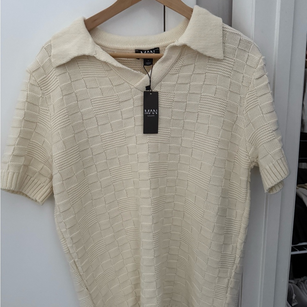 Cream Textured Knit Polo Shirt